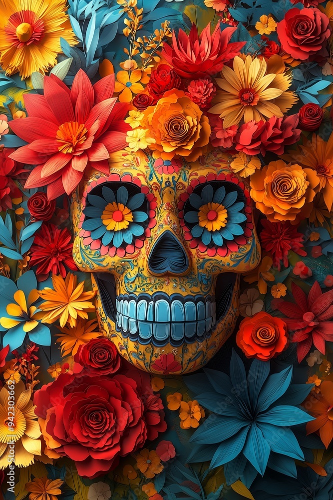 3D paper craft sugar skull with floral background, paper-cut style, vibrant colors, celebrating dia de los muertos 3D paper craft sugar skull with floral background, paper-cut style, vibrant colors, celebrating dia de los muertos