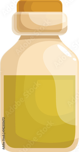 Classic glass bottle is holding a generous portion of golden olive oil, sealed with a secure cork stopper