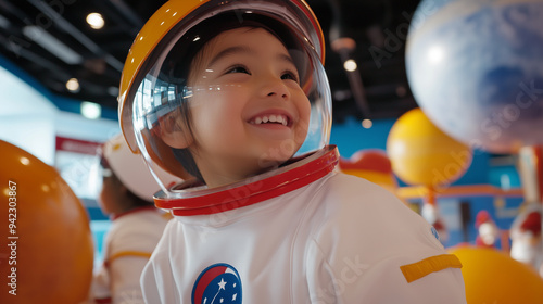 asian boy kid in astronaut costume exploring space-themed play area with planets, stars and rocket props photo