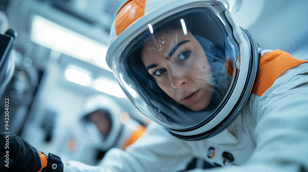 female astronaut wearing white overalls with orange details working on the engine room inside space station female astronaut wearing white overalls with orange details working on the engine room inside space station