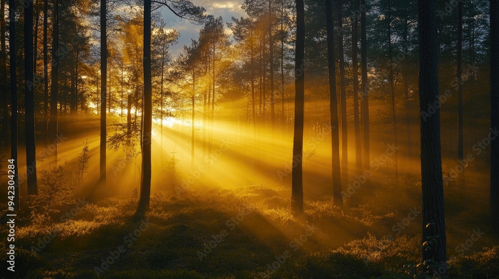 Obraz premium Golden hour sunlight streaming through forest