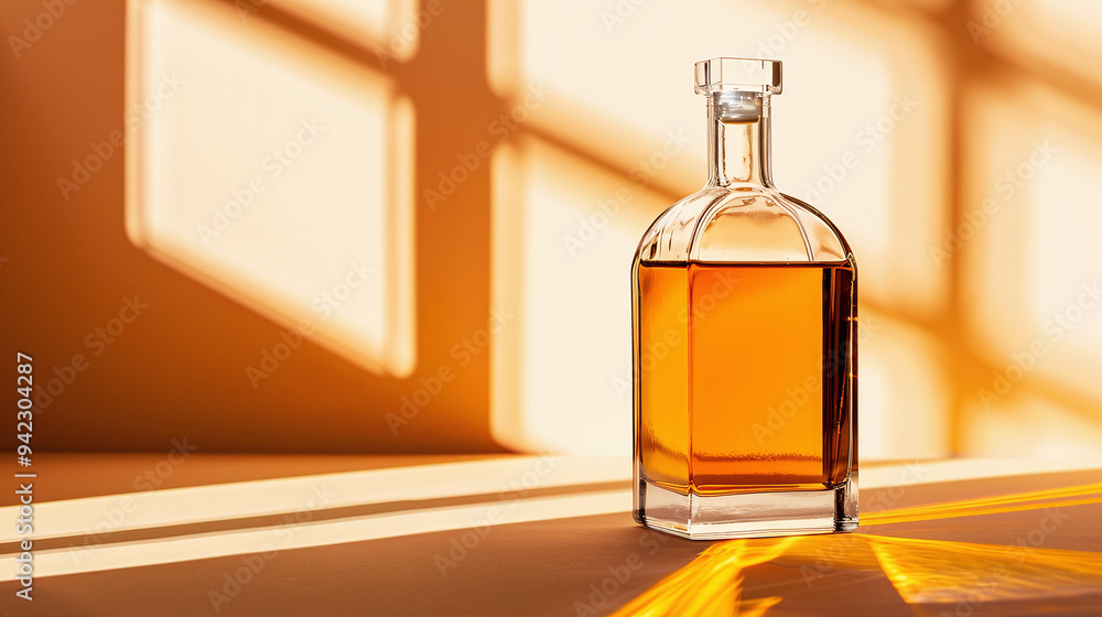 a transparent rum bottle with a minimalist, elegant design, placed against a soft, neutral background