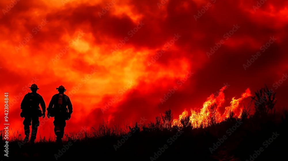 Firefighters silhouetted against a dramatic sunset as they combat a wildfire. Firefighters silhouetted against a dramatic sunset as they combat a wildfire.
