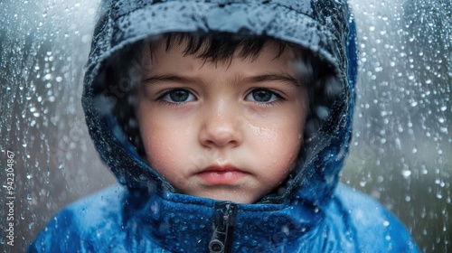 A young boy wearing a blue jacket in the rain, AI