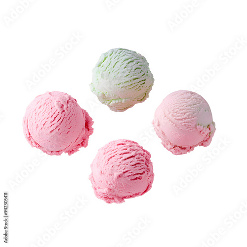 Ice cream scoops against pastel pink background. Minimal summer food concept.