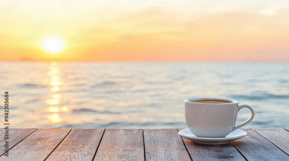 Coffee Cup on Wooden Deck with Ocean Sunset Background Coffee Cup on Wooden Deck with Ocean Sunset Background