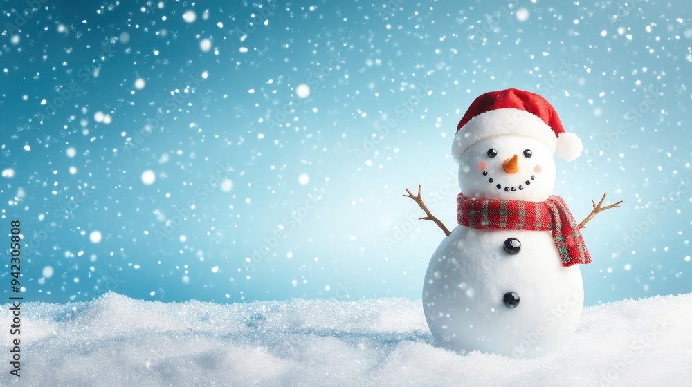 Happy snowman standing in christmas landscape. Snow background with copy space Happy snowman standing in christmas landscape. Snow background with copy space
