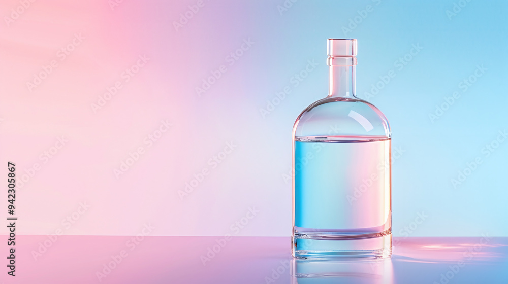 a transparent vodka bottle with a bold, minimalist design, placed against a soft, gradient background. a transparent vodka bottle with a bold, minimalist design, placed against a soft, gradient background.