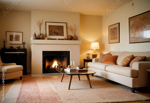 A modern living room with a beige sofa