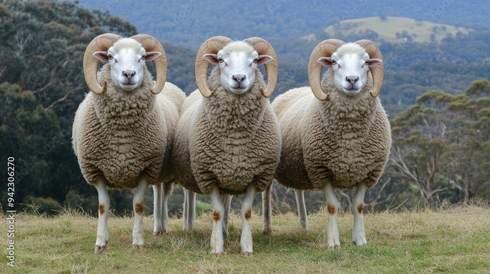 Fototapeta premium Three rams standing in a field with mountains behind them, AI