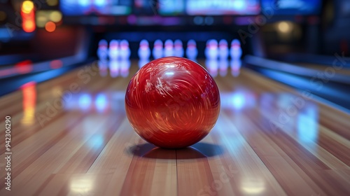 A vibrant red bowling ball on a polished wooden lane, ready for a game.