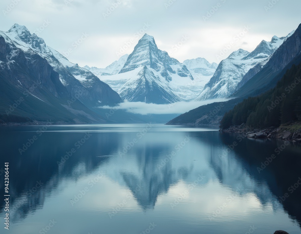 Serene mountain lake with a perfect reflection of snow-capped peaks. Serene mountain lake with a perfect reflection of snow-capped peaks.