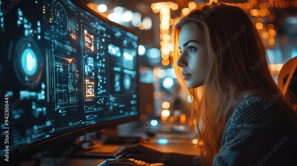 Woman Working on a Computer with Futuristic Interface Woman Working on a Computer with Futuristic Interface