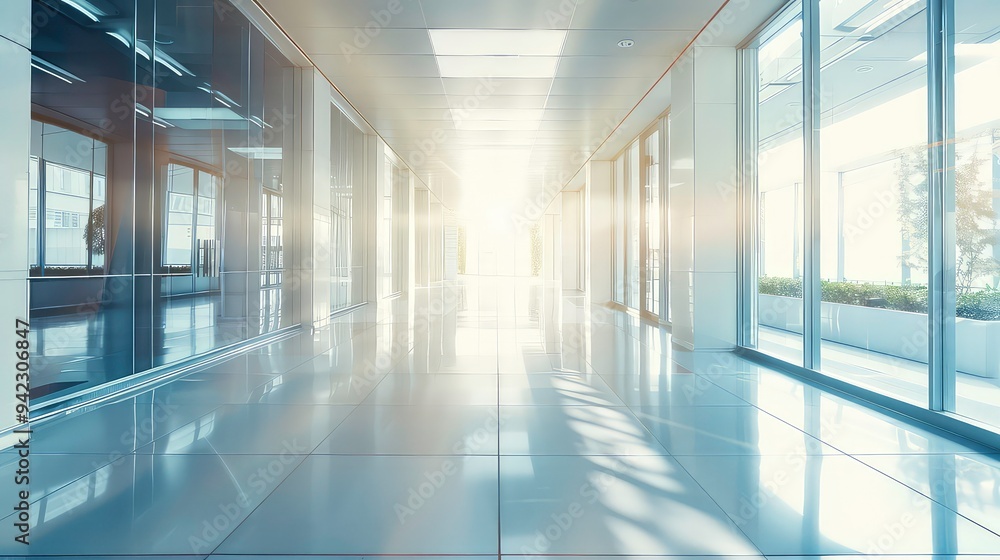 Bright hallway with glass walls and a tiled floor. Bright hallway with glass walls and a tiled floor.