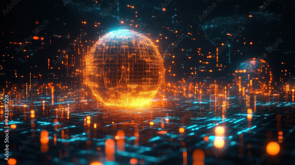 Fototapeta premium Futuristic Cityscape with Glowing Sphere and Abstract Network