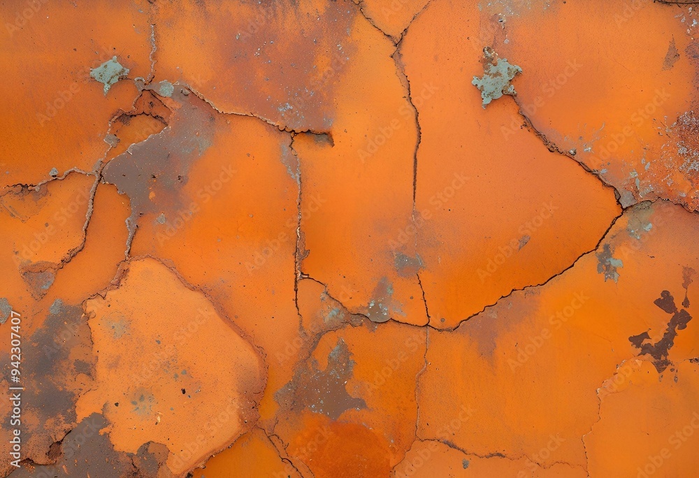 Obraz premium Background image of a painted steel sheet with cracked coating, peeling paint, and rust spreading across. 