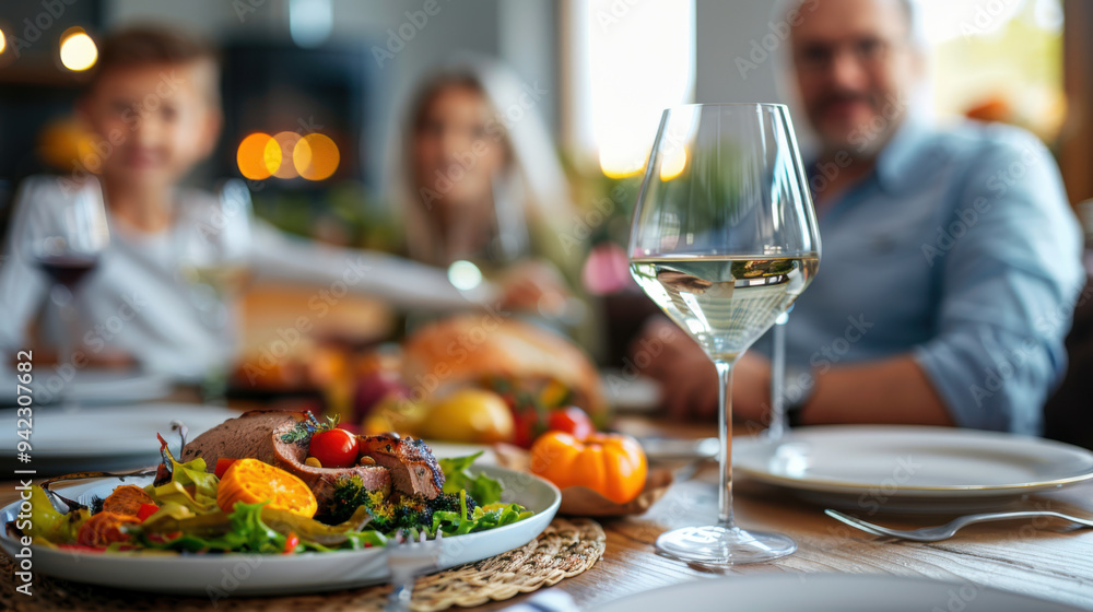 Family gathering around a table to share a Thanksgiving meal, with focus on a beautifully plated dish and glass of wine. Family gathering around a table to share a Thanksgiving meal, with focus on a beautifully plated dish and glass of wine.