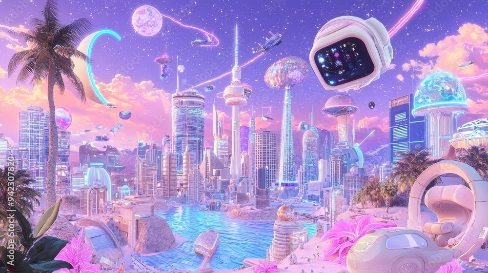 Obraz premium Futuristic Cityscape with Palm Trees Flying Cars and Neon Lights
