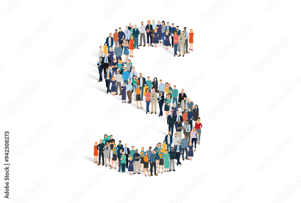 Illustration vectorielle représentant la lettre S de l'alphabet constituée d'une foule de personnages d'âge, de races et de sexes différents Illustration vectorielle représentant la lettre S de l'alphabet constituée d'une foule de personnages d'âge, de races et de sexes différents