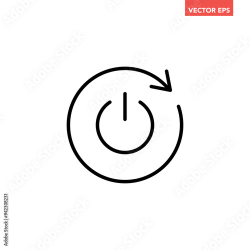 Black single automatic restart line icon, simple reboot power button lat design illustration pictogram, infographic vector for app ads web button ui interface elements isolated on white background