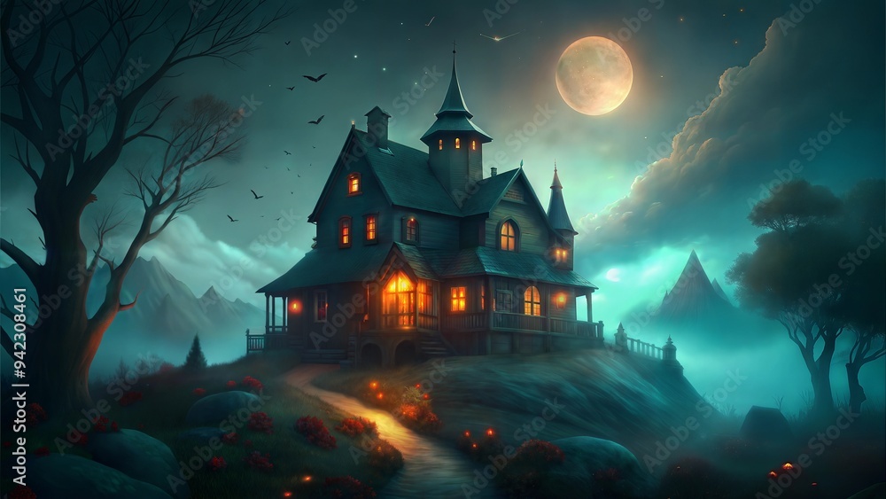 Creepy Haunted House on a Hill with Dark Night Sky, Spooky Halloween Atmosphere Creepy Haunted House on a Hill with Dark Night Sky, Spooky Halloween Atmosphere