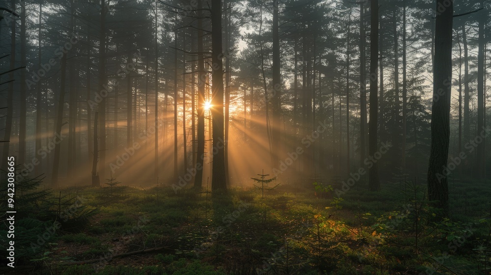 Obraz premium A view of the sunrise from within the forest, best suited for a tranquil backdrop.