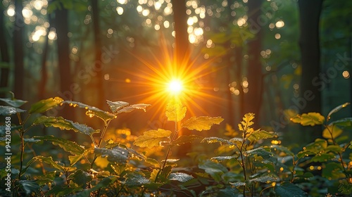 A view of the sunrise from within the forest, best suited for a tranquil backdrop.