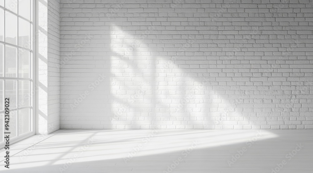 Fototapeta premium The interior features a spacious design with a charming white brick wall, large windows allowing ample light, and soft shadows from warm sunlight, creating a serene and inviting atmosphere