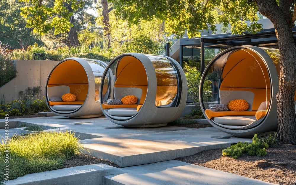 In a serene garden environment, a row of concrete tubes resembles a couch