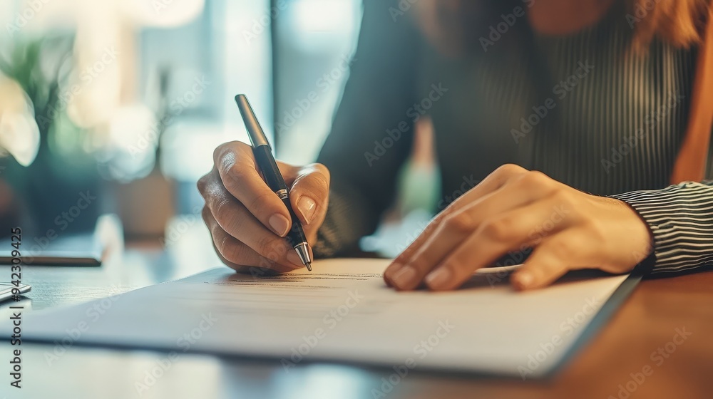 A person writing on a document with a pen on a wooden table.