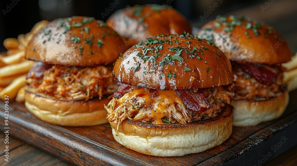 Close-up of Delicious Pulled Pork Sliders with Bacon and Cheese on a Wooden Board Close-up of Delicious Pulled Pork Sliders with Bacon and Cheese on a Wooden Board
