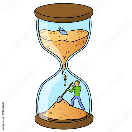 An hourglass with a person inside. A person in a confined space digs sand with a shovel. Vector illustration Man trying to get water out of the sand falling from above in an hourglass