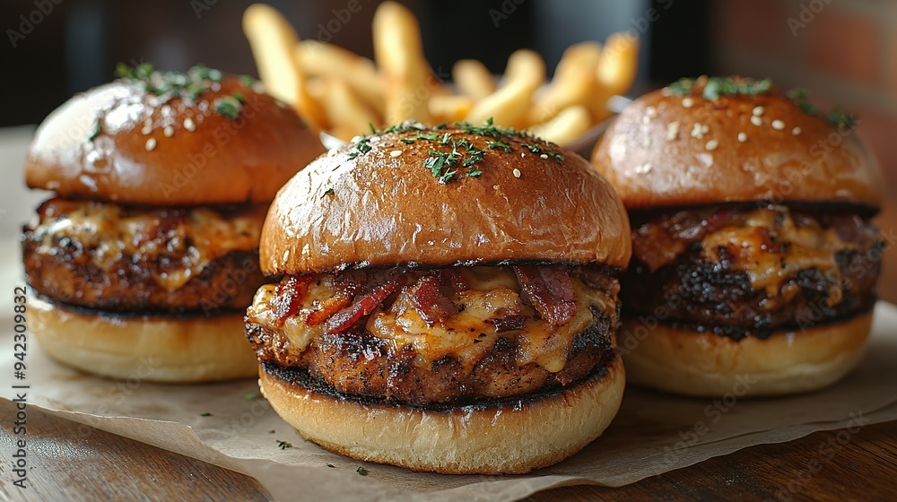 Three Mini Cheeseburgers with Bacon and Toasted Sesame Seed Buns Three Mini Cheeseburgers with Bacon and Toasted Sesame Seed Buns