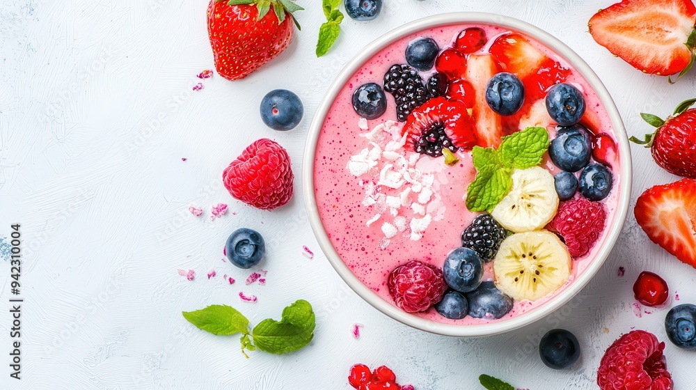 Delicious and Healthy Smoothie Bowl with Fresh Berries Banana and Coconut Flakes Delicious and Healthy Smoothie Bowl with Fresh Berries Banana and Coconut Flakes