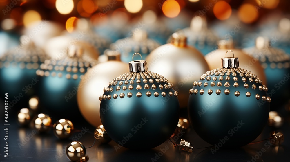 Fototapeta premium Luxury Christmas Baubels. Teal and Gold Festive Background.