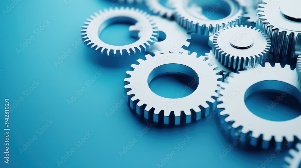 Metal Gears on Blue Background Teamwork Cooperation and Mechanism Concept Metal Gears on Blue Background Teamwork Cooperation and Mechanism Concept
