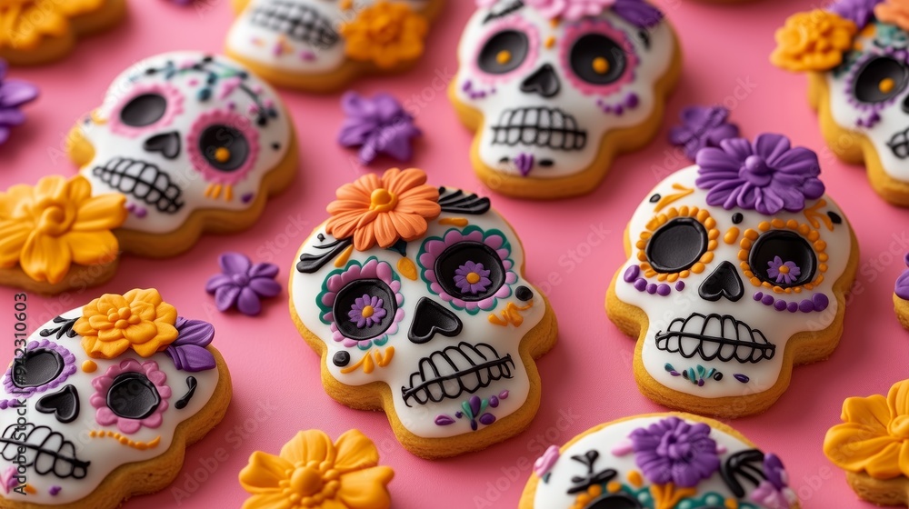 A pattern of sugar skull shaped cookies decorated with colorful icing and flowers, dia de los muertos theme on a pink background, top view A pattern of sugar skull shaped cookies decorated with colorful icing and flowers, dia de los muertos theme on a pink background, top view