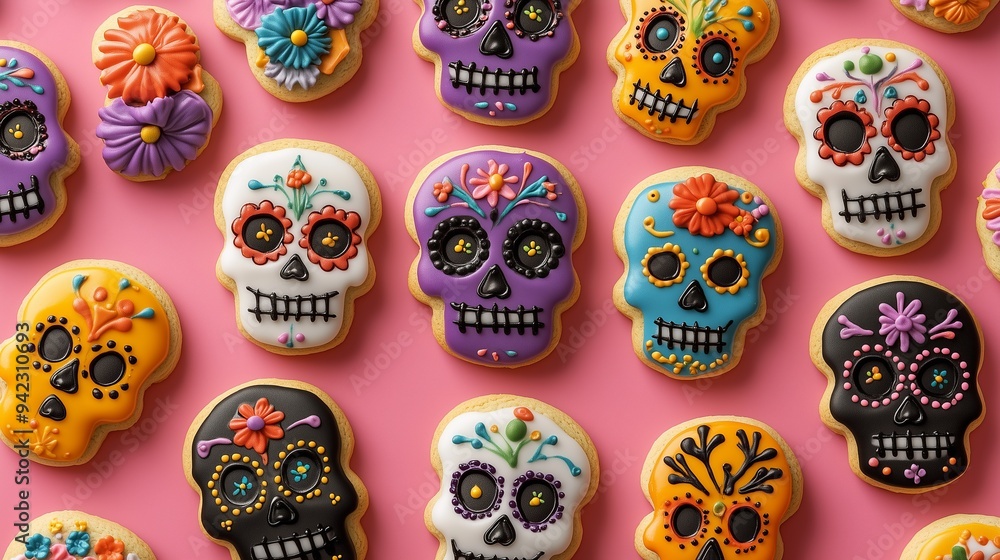 A pattern of sugar skull shaped cookies decorated with colorful icing and flowers, dia de los muertos theme on a pink background, top view