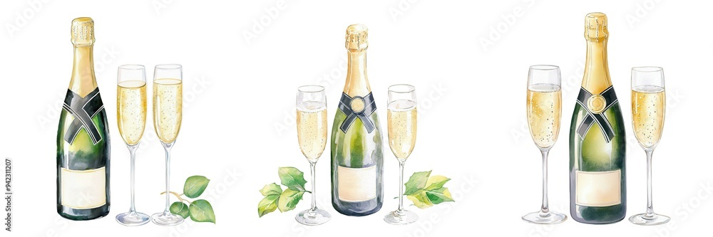 A champagne bottle and flutes, celebration symbol, watercolor painting, festive element, isolated on white background A champagne bottle and flutes, celebration symbol, watercolor painting, festive element, isolated on white background