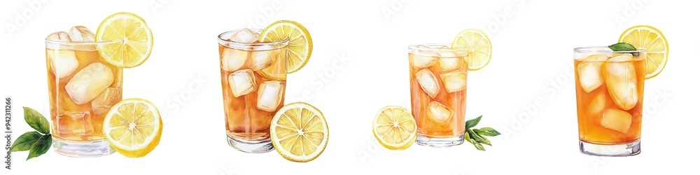 A glass of iced tea with lemon, beverage symbol, watercolor painting, summer refreshment, isolated on white background A glass of iced tea with lemon, beverage symbol, watercolor painting, summer refreshment, isolated on white background