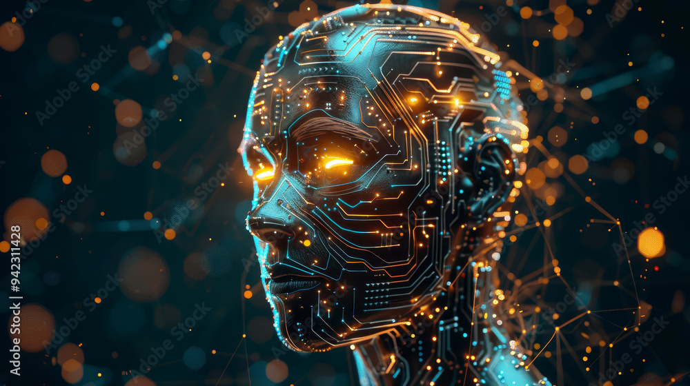 a humanoid head with elements symbolizing artificial intelligence : glowing eyes, circuit patterns, and a digital interface. a humanoid head with elements symbolizing artificial intelligence : glowing eyes, circuit patterns, and a digital interface.