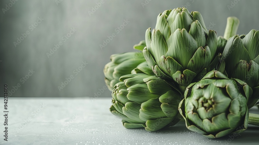 Obraz premium Artichokes glisten with dew on a white table, highlighting their vibrant green hues and natural beauty.