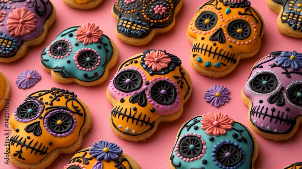 A pattern of sugar skull shaped cookies decorated with colorful icing and flowers, dia de los muertos theme on a pink background, top view A pattern of sugar skull shaped cookies decorated with colorful icing and flowers, dia de los muertos theme on a pink background, top view