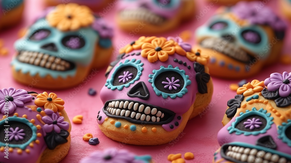 A pattern of sugar skull shaped cookies decorated with colorful icing and flowers, dia de los muertos theme on a pink background, top view A pattern of sugar skull shaped cookies decorated with colorful icing and flowers, dia de los muertos theme on a pink background, top view