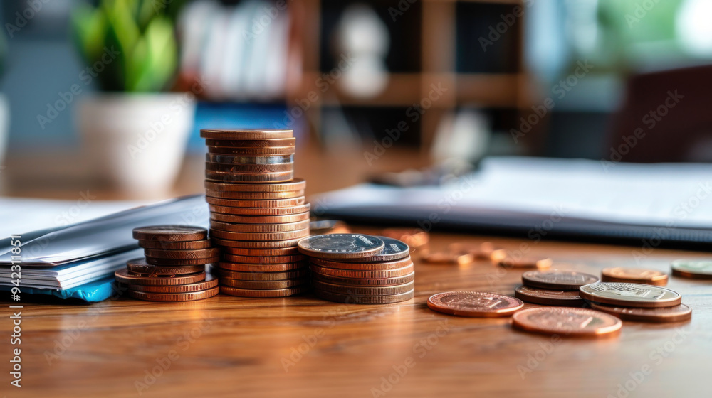 Stacks of coins scattered on a wooden desk in an office setting, representing savings, investment, and financial management. Stacks of coins scattered on a wooden desk in an office setting, representing savings, investment, and financial management.