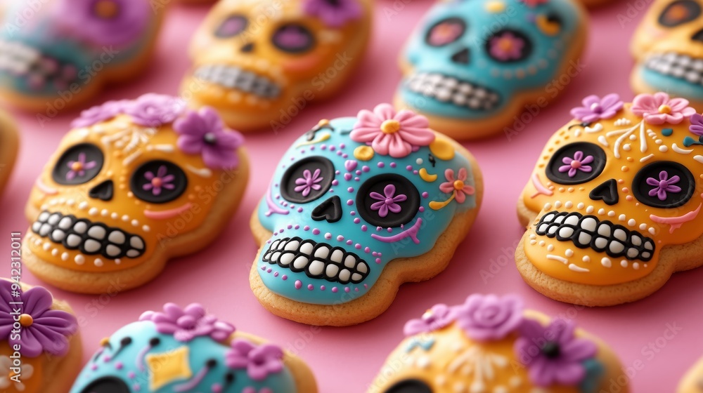A pattern of sugar skull shaped cookies decorated with colorful icing and flowers, dia de los muertos theme on a pink background, top view A pattern of sugar skull shaped cookies decorated with colorful icing and flowers, dia de los muertos theme on a pink background, top view