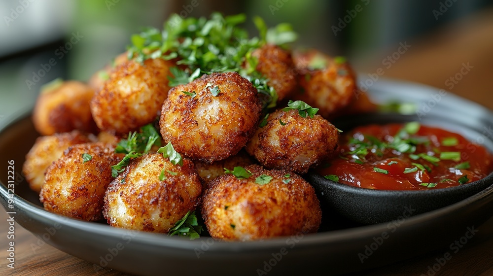 Crispy Fried Potato Balls with Parsley and Tomato Sauce Crispy Fried Potato Balls with Parsley and Tomato Sauce