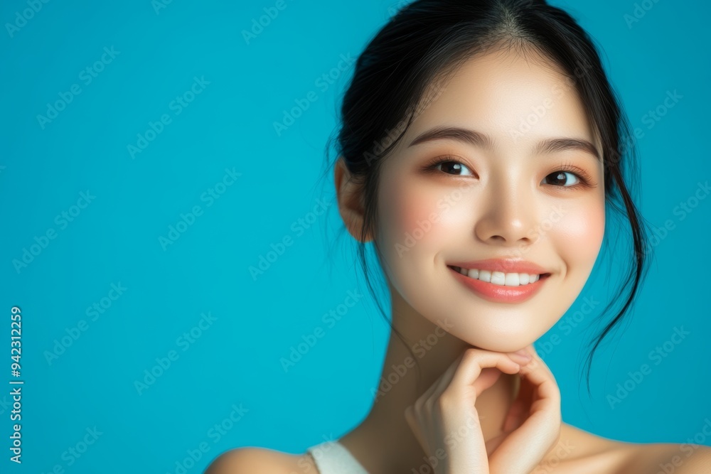 Cheerful Asian woman with a radiant smile and fresh skin against a vibrant blue background in a portrait setting Cheerful Asian woman with a radiant smile and fresh skin against a vibrant blue background in a portrait setting