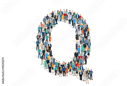Illustration vectorielle représentant la lettre Q de l'alphabet constituée d'une foule de personnages d'âge, de races et de sexes différents