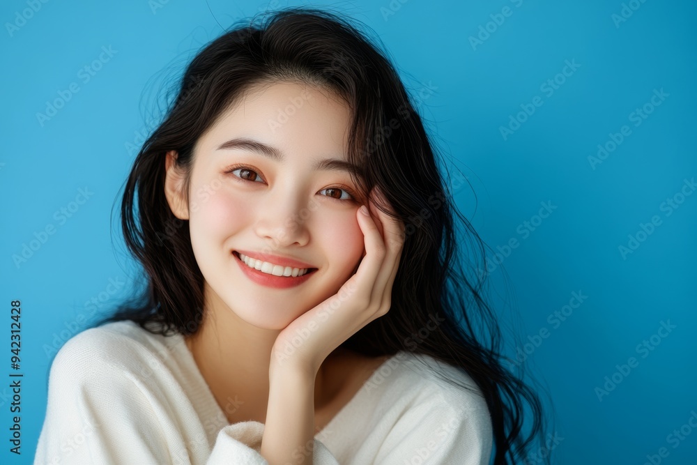 A joyful Asian woman with radiant skin smiles warmly against a vibrant blue background, showcasing her fresh and natural beauty A joyful Asian woman with radiant skin smiles warmly against a vibrant blue background, showcasing her fresh and natural beauty